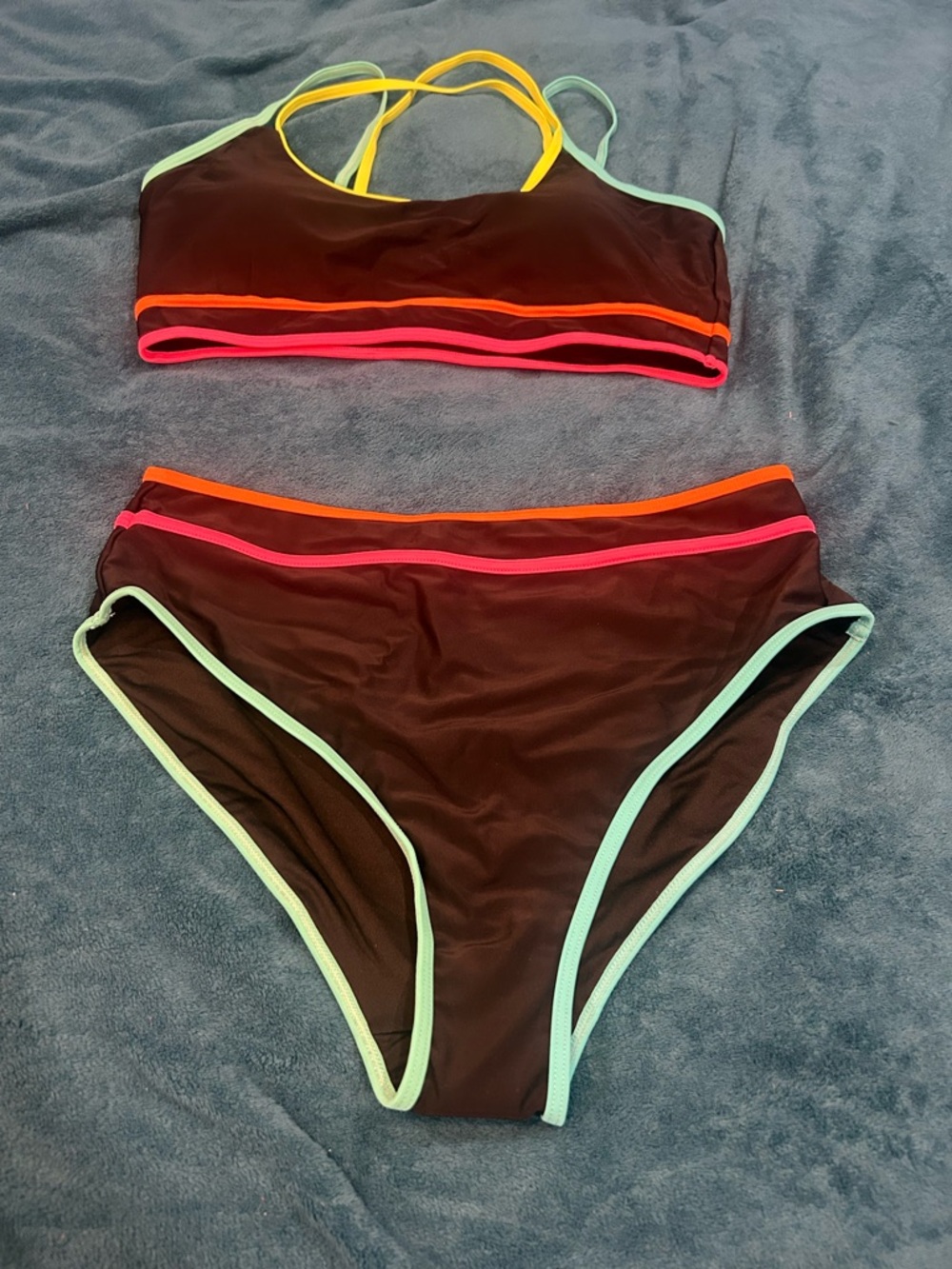 High-Waist Brown Bikini Set with Neon Trim